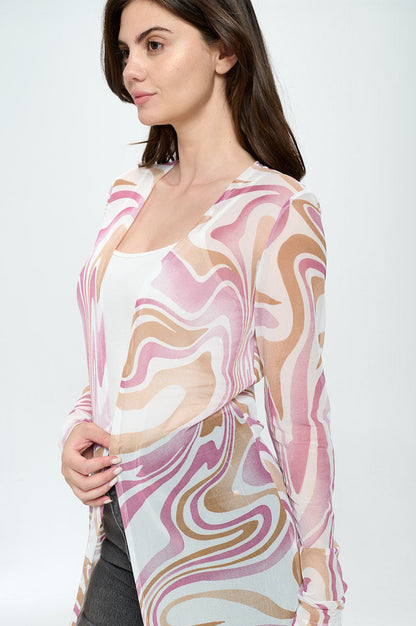 Women's Sheer Longline Cardigan with Retro Swirl Print