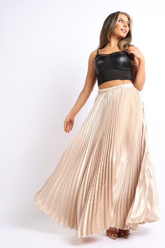 Elastic High Waist A-Line Pleated Satin Maxi Skirt Formal Prom TAUPE