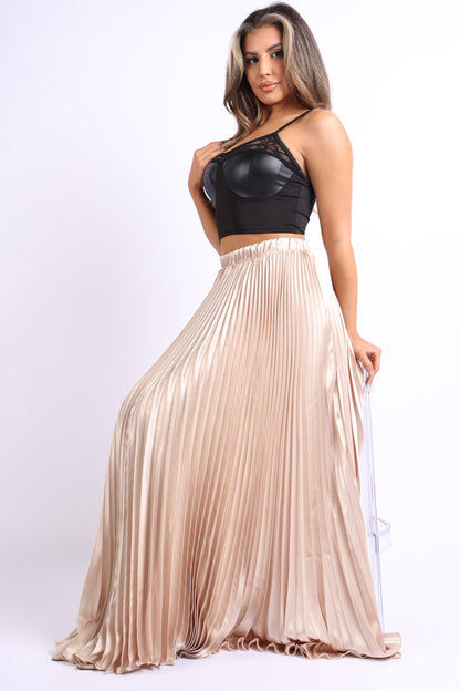 Elastic High Waist A-Line Pleated Satin Maxi Skirt Formal Prom TAUPE