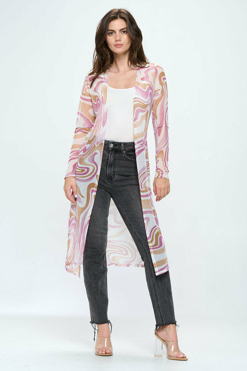 Women's Sheer Longline Cardigan with Retro Swirl Print