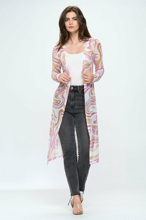 Women's Sheer Longline Cardigan with Retro Swirl Print